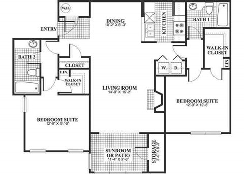 Floor plan for 2 beds, 2 baths, 1241 sqft